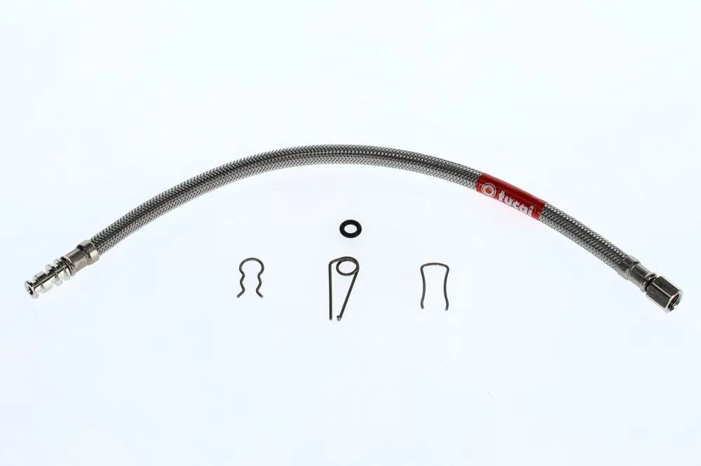 BOSCH Manometer-Schlauch aus flexiblem Material mit metallischer Umhüllung, umgeben von verschiedenen Befestigungselementen wie Riegel und O-Ring.